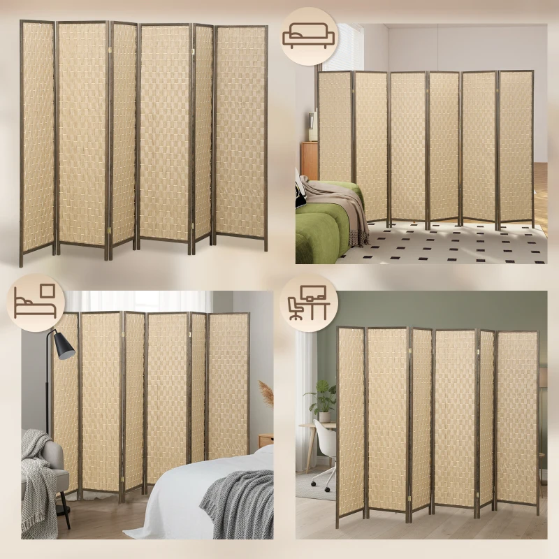 HOMCOM 6 FT Room Divider, 6 Panel Folding Privacy Screen, Lightweight Handwoven Freestanding Partition for Home Office, Brown