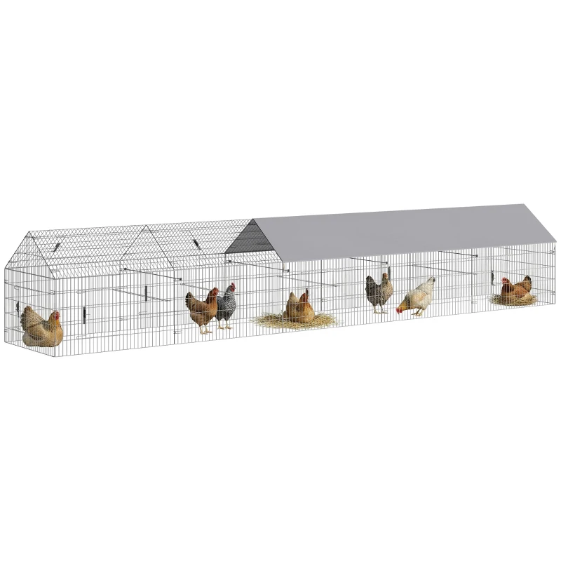 PawHut Metal Chicken Coop, Large Chicken Run with Water-Resistant & Anti-UV Cover for 7-9 Hens, Outdoor Hen House with 10 Doors