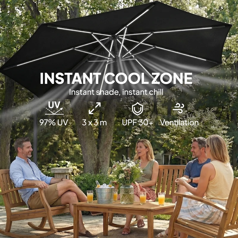Outsunny 10 ft Offset Patio Umbrella with Solar Light, Garden Hanging Parasol with 360° Rotation, Tilt, Cover, Black