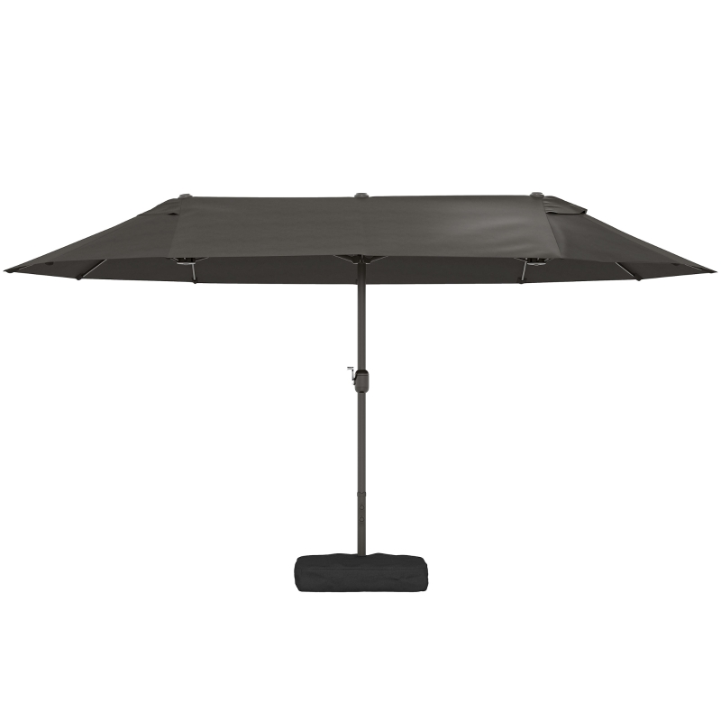 Outsunny 15' Outdoor Patio Umbrella with Twin Canopy Sunshade Steel Table Umbrella with Lift Crank, Cross base, Sandbag, Dark Grey