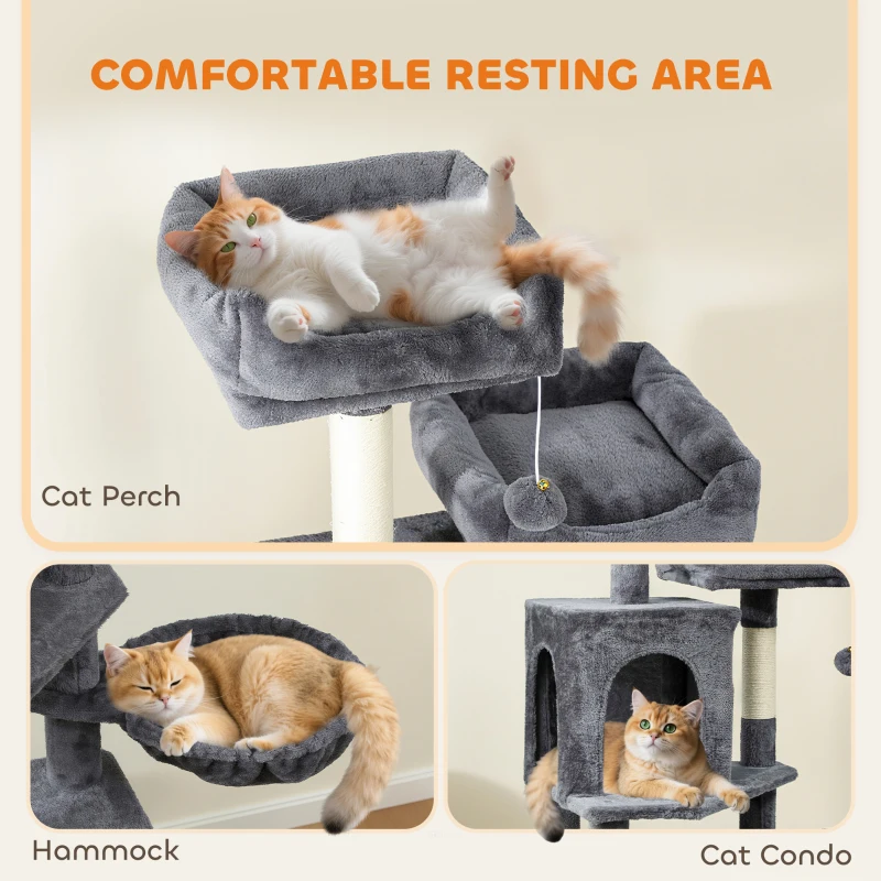 PawHut Cat Tree, 70" Multi-Level Cat Tower with 2 Condos, 2 Perches, Hammock, Toy Balls, Scratching Posts and Board, Dark Grey