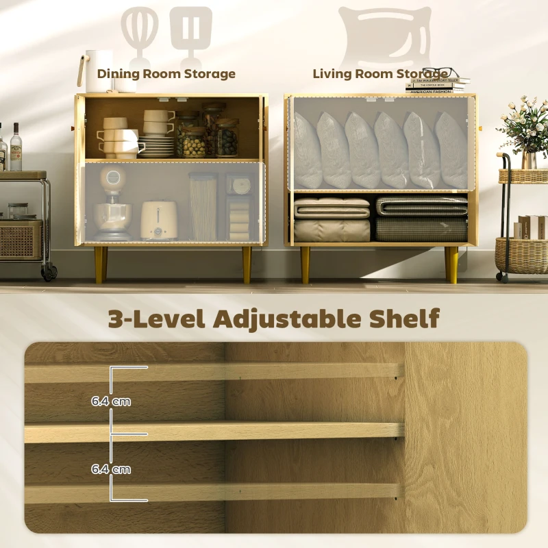 HOMCOM Sideboard with Adjustable Shelf, Buffet Cabinet with 2 Doors and Gold Steel Legs for Dining Room, Oak