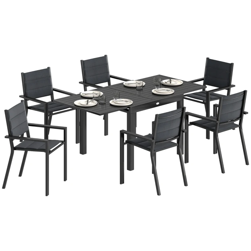 Outsunny Patio Dining Set for 6, Aluminum Expandable Outdoor Table and 6 Stackable Chairs with Padded Back, Mesh Seat, Black