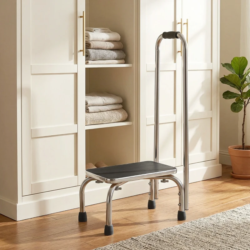 HOMCOM Step Stool with Handle for Adults and Seniors, Heavy Duty Metal Foot Step Stool for Elderly, Portable Stool with Anti-slip Design