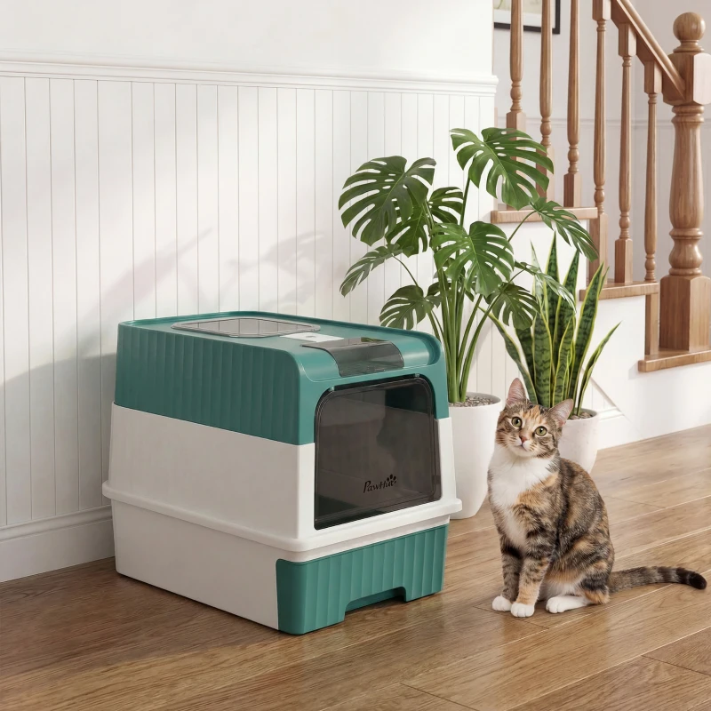 PawHut Cat Litter Box Hooded Cat Litter Tray with Drawer Pan Front Entry & Top Exit Easy Cleaning Teal
