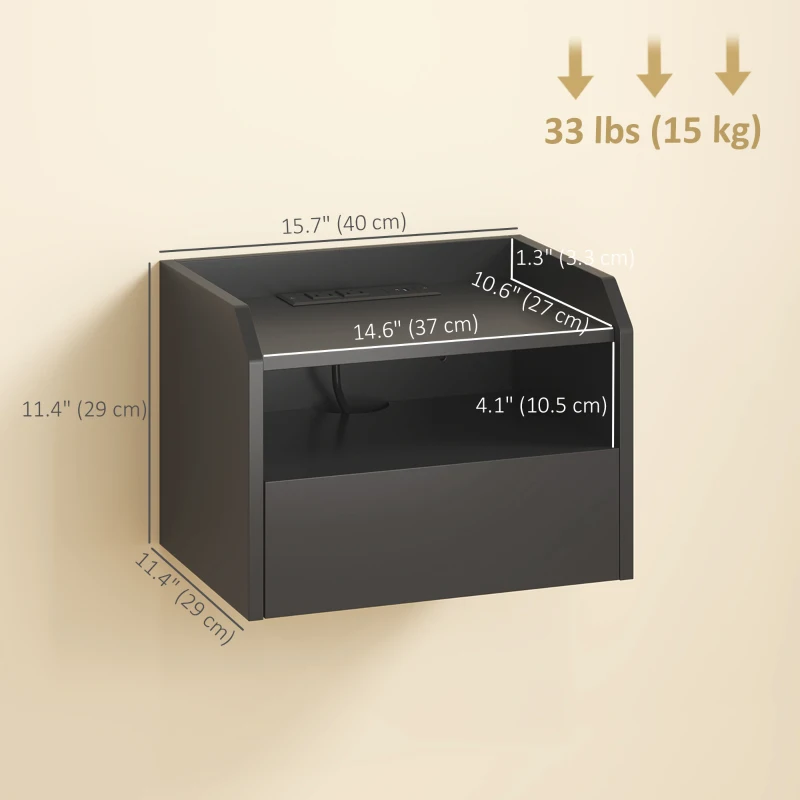 HOMCOM Wall Mounted Bedside Table, Set of 2 Floating Nightstand with Charging Station, Drawer and Open Shelf for Bedroom, Black