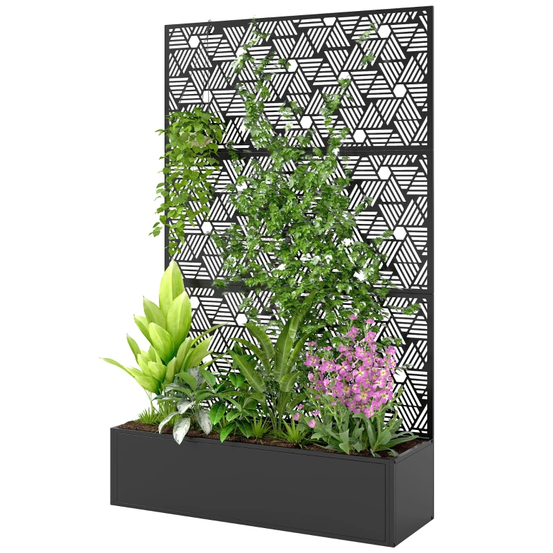 Outsunny Metal Planter Box with Trellis, 70" Tall Raised Garden Bed with Privacy Screen, Hexagon and Line Cut-Out