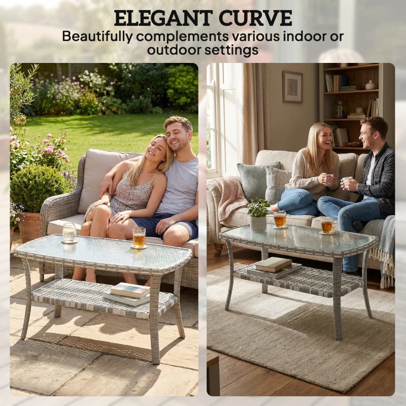 Outsunny Outdoor Coffee Table with Storage Shelf, PE Wicker Patio Table with Glass Top for Garden, Backyard, Dark Grey