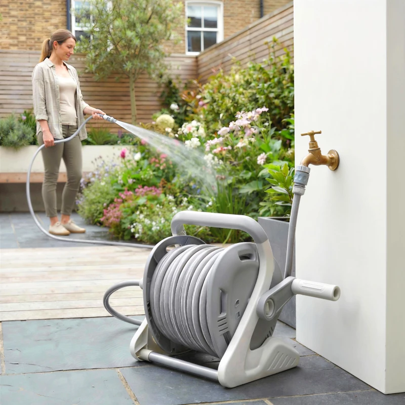 Outsunny Portable Garden Hose Reel, 1/2" x 66ft Wall Mounted Hose Reel with 2 Patterns Spray Nozzle and Crank Handle, Grey