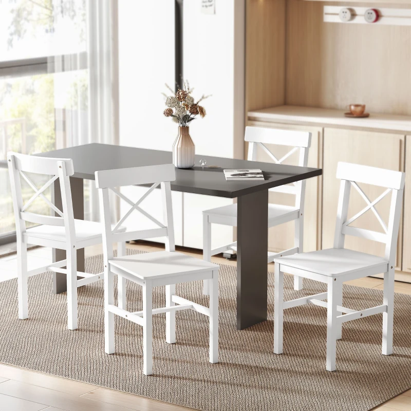 HOMCOM Wooden Dining Chairs Set of 4, Kitchen Chairs with Cross Back, Solid Structure for Living Room and Dining Room, White