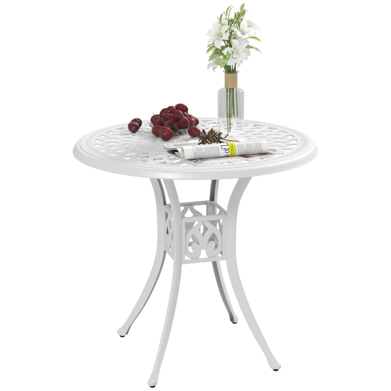 Outsunny 30-inch Round Patio Dining Table with Umbrella Hole Cast Aluminium Outdoor Bistro Table, White