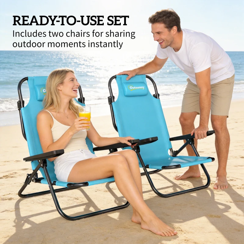 Outsunny Set of 2 Beach Chair 5-Position Adjustable Folding Camping Chair with Headrest Armrests Light Blue