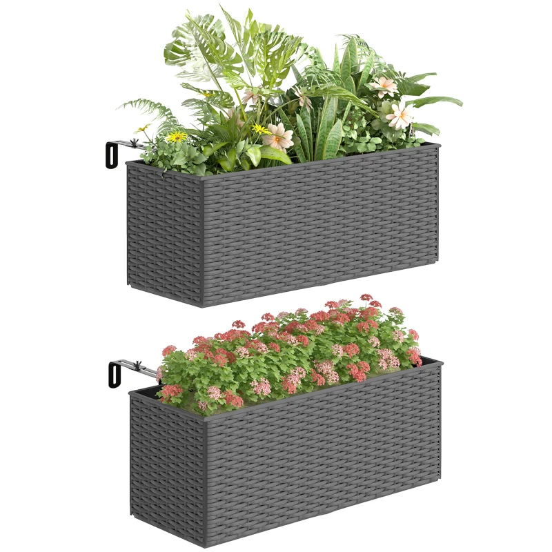 Outsunny 2 Pack 20 Inch Hanging Flower Pots, Railing Planter Box for Fence, Garden, Rattan Look, Grey
