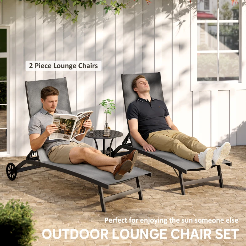Outsunny Outdoor Lounge Chair Set of 2, Tanning Chair with Wheels, Breathable Mesh for Patio, Backyard, Poolside, Dark Grey