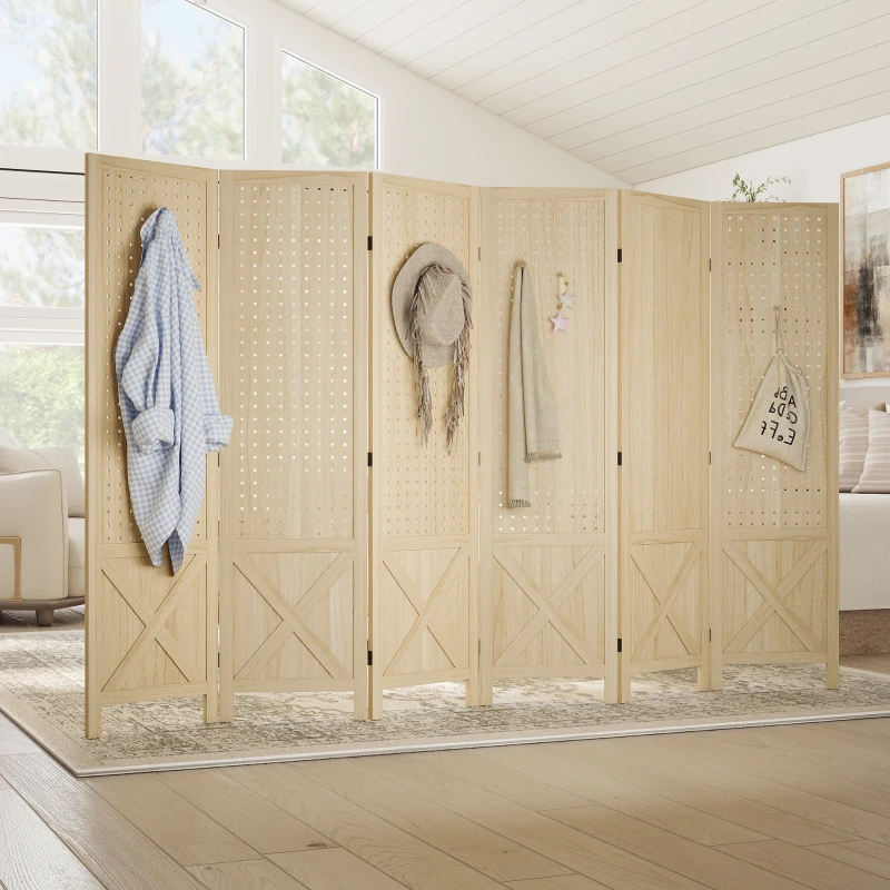 HOMCOM Wooden Room Divider with Pegboard Display, 6 Panel Folding Privacy Screen for Home Office, Natural Wood