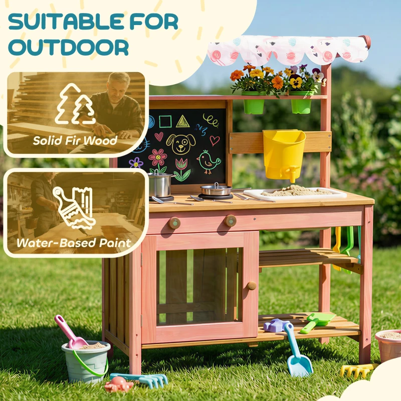 Qaba Kids Mud Kitchen with Canopy, Outdoor Wooden Play Kitchen with Planter Box, Accessories for Age 3-6, Pink