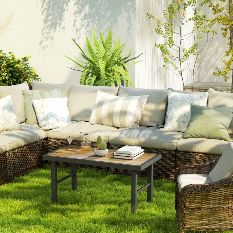 Outsunny Outdoor Side Table with SPC Woodgrain Tabletop, Metal Patio Coffee Table for Outside Garden, Brown