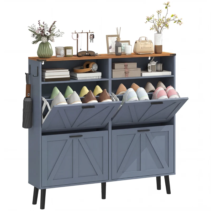 HOMCOM Shoe Storage Cabinet with 4 Flip Drawers, Farmhouse Narrow Shoe Cabinet, Holds Up to 24 Pairs, Blue