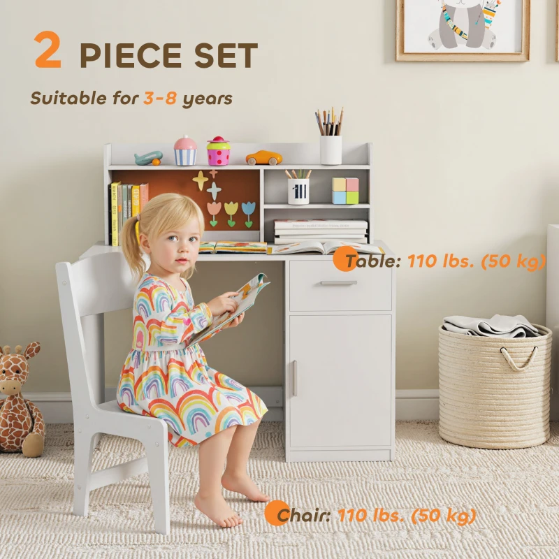 Qaba Kids Desk and Chair Set, Kids Study Table and Chair Set with Storage Hutch, Drawer, Cabinet, Compartments, Cork Board