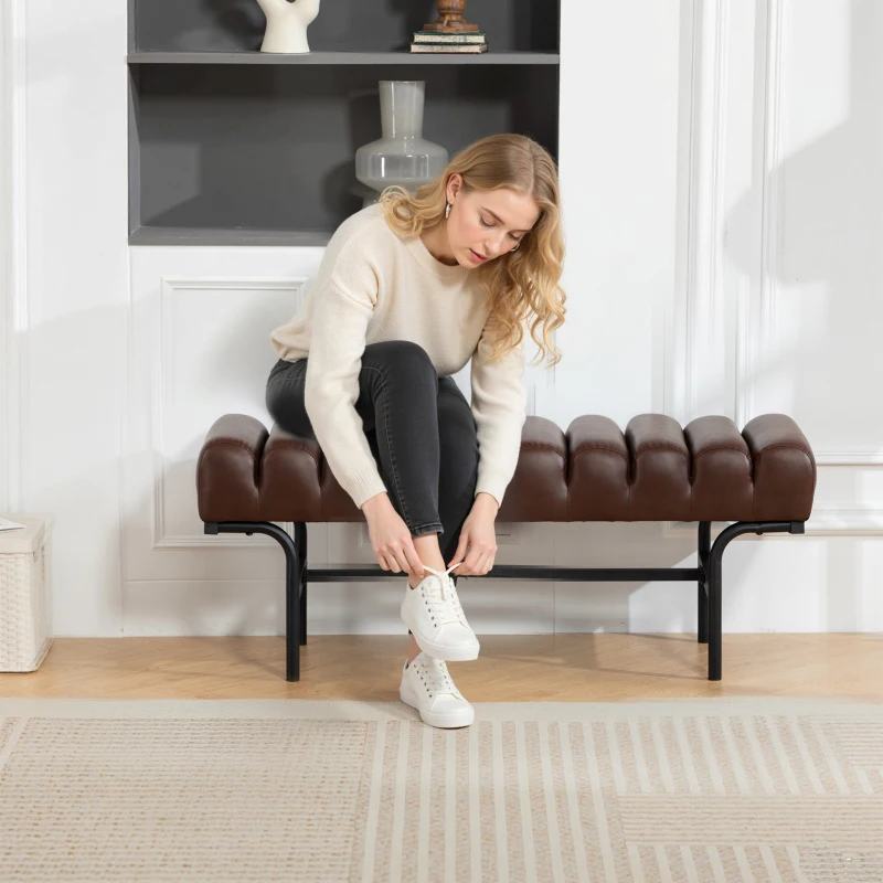 HOMCOM Bedroom Bench PU Leather End of Bed Bench with Cylindrical Seat and Metal Legs for Bedroom Living Room Hallway Brown