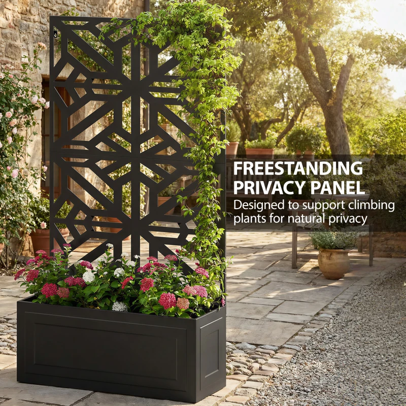 Outsunny Metal Raised Garden Bed with Trellis for Climbing Plants, Freestanding or Wall Mounted Flower Bed with Privacy Panel