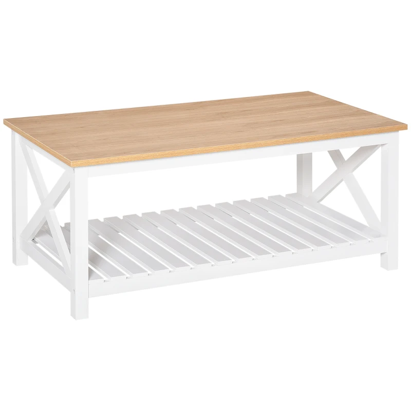 HOMCOM Farmhouse Coffee Table with Slatted Bottom Shelf, Center Table with X Bar Frame for Living Room, White, Natural