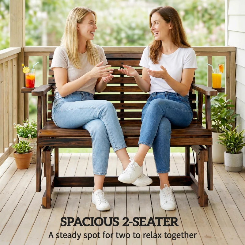 Outsunny Outdoor Glider Bench, Wooden Glider Chair with 2 Cupholders, Slatted Seat and Armrests, Patio Swing Rocking Loveseat