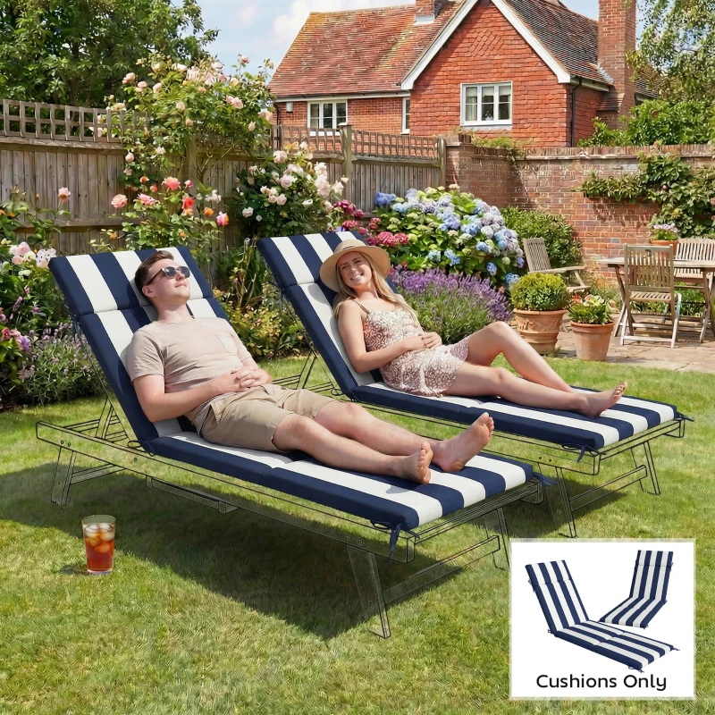 Outsunny Outdoor Chaise Lounge Cushions Set of 2 with 6 Ties, High-Density Foam, for Patio and Poolside, Dark Blue and White