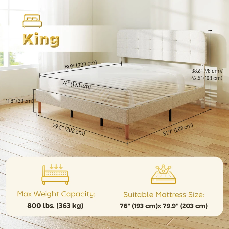 HOMCOM King Size Bed Frame with Adjustable Headboard Upholstered Platform Bed Frame with Wood Slat Support Noise Free White