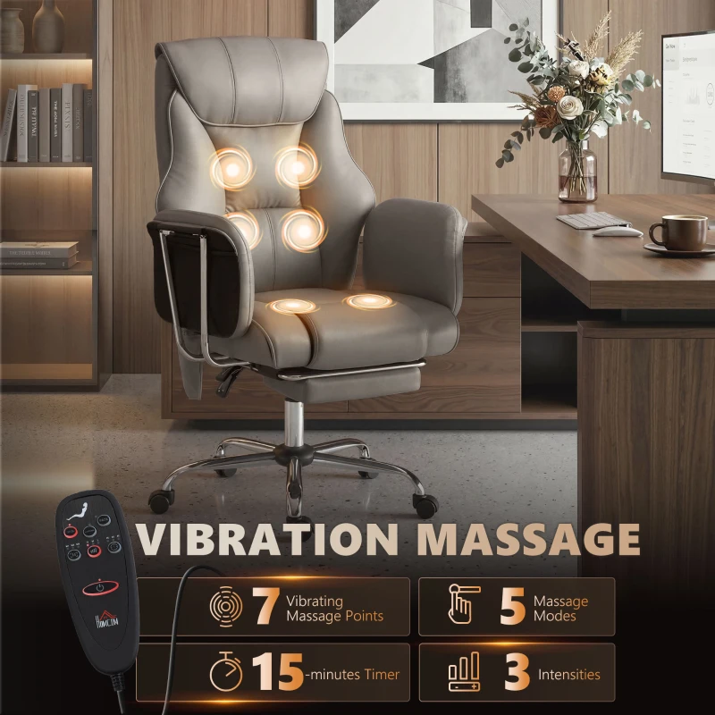 HOMCOM Massage Office Chair with 6 Points Vibration, Executive Desk Chair with High Back, PU Leather, Footrest, Gray