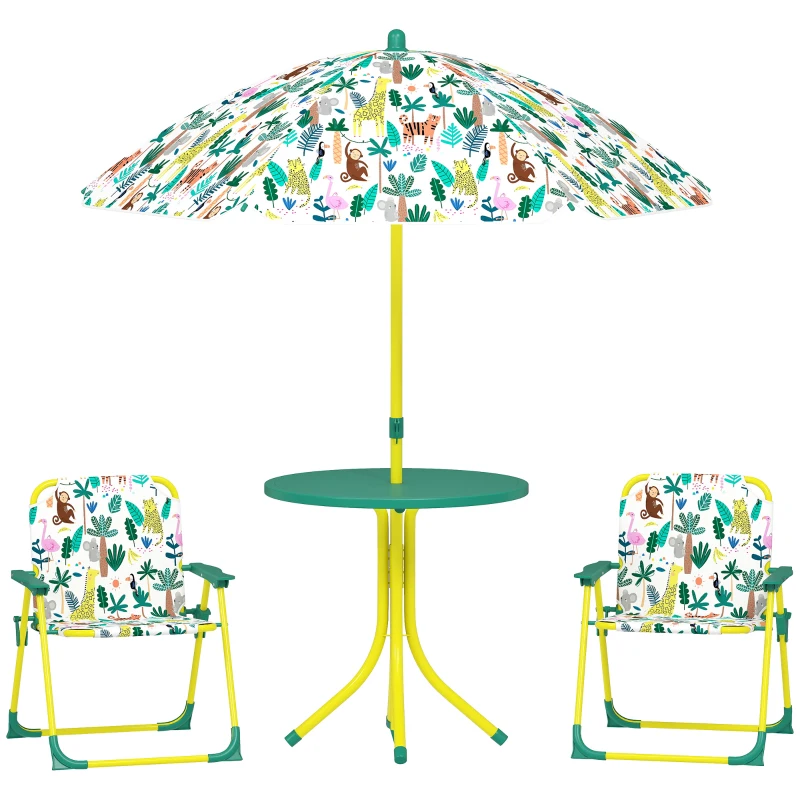 Qaba Kids Picnic Table, Kids Table and Chair Set with 2 Folding Chairs and Umbrella for Backyard, Garden, Patio, Green