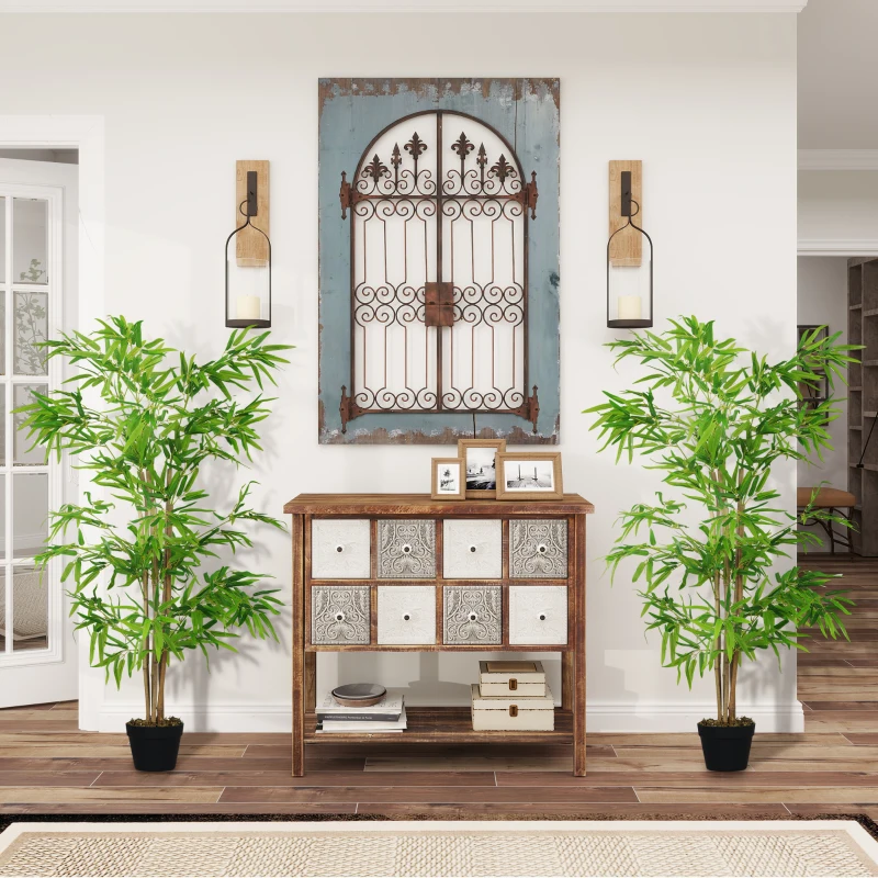 Outsunny Artificial Bamboo Tree Set of 2, 5ft Fake Tree with Realistic Leaf and Natural Trunk, Decorative Plant in Nursery