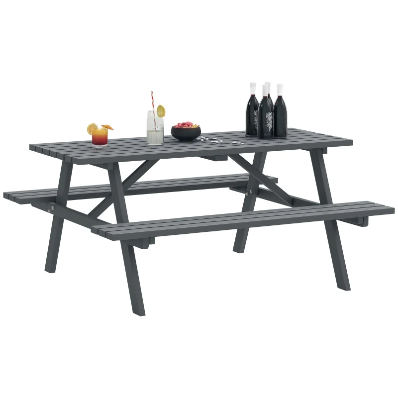 Outsunny Wood Picnic Table, Camping Table and Bench Set with Umbrella Hole for Outdoor, Garden, Patio, Backyard, Grey