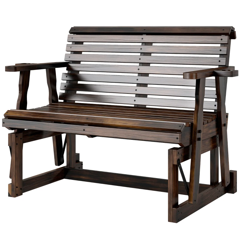 Outsunny Outdoor Glider Bench, Wooden Glider Chair with 2 Cupholders, Slatted Seat and Armrests, Patio Swing Rocking Loveseat