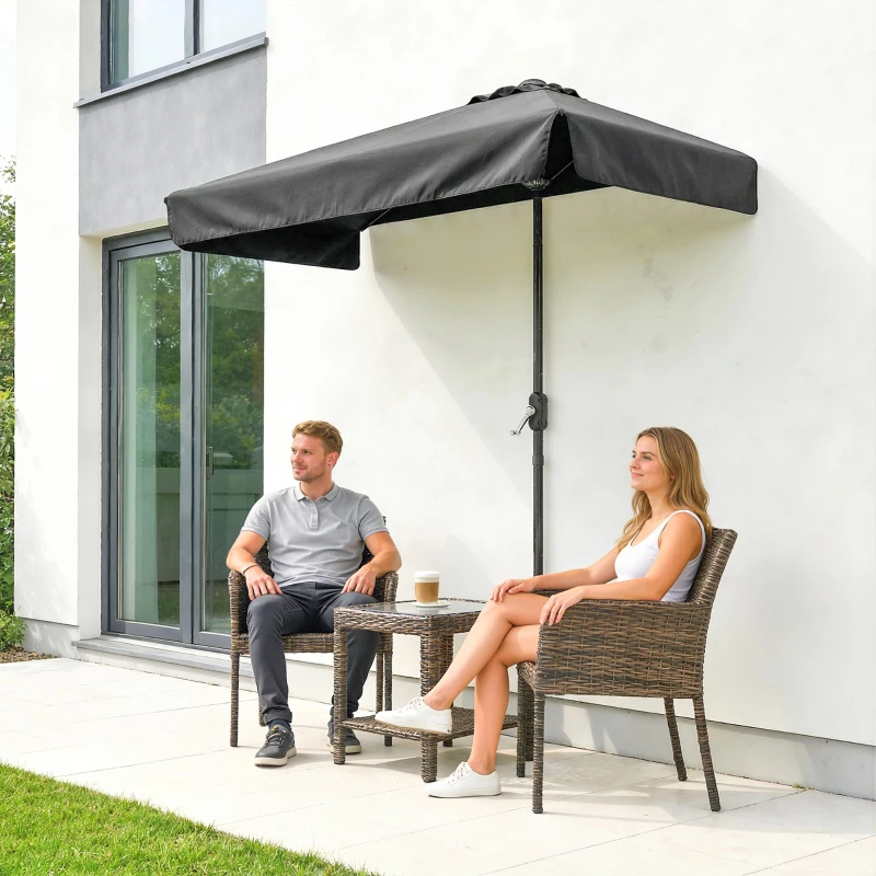 Outsunny 7.5ft Half Umbrella Semi Round Patio Parasol with Crank Handle, Top Vent for Garden, Balcony- NO BASE INCLUDED, Black