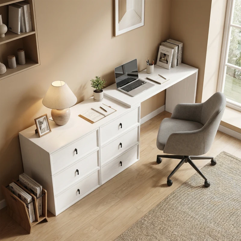 HOMCOM L Shaped Computer Desk Home Office Desk with 6 Drawers White Wood Grain