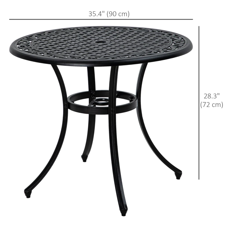 Outsunny 35.5" Round Outdoor Dining Table for 2-4, Cast Aluminum Garden Patio Table with 2" Umbrella Hole, Grid Top, Black