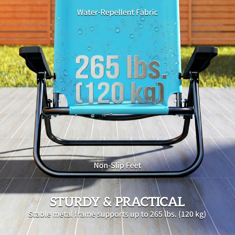 Outsunny Set of 2 Beach Chair 5-Position Adjustable Folding Camping Chair with Headrest Armrests Light Blue