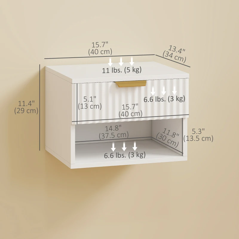 HOMCOM Floating Nightstands, Wall Mounted Bedside Tables Set of 2 with Drawer and Open Shelf, White