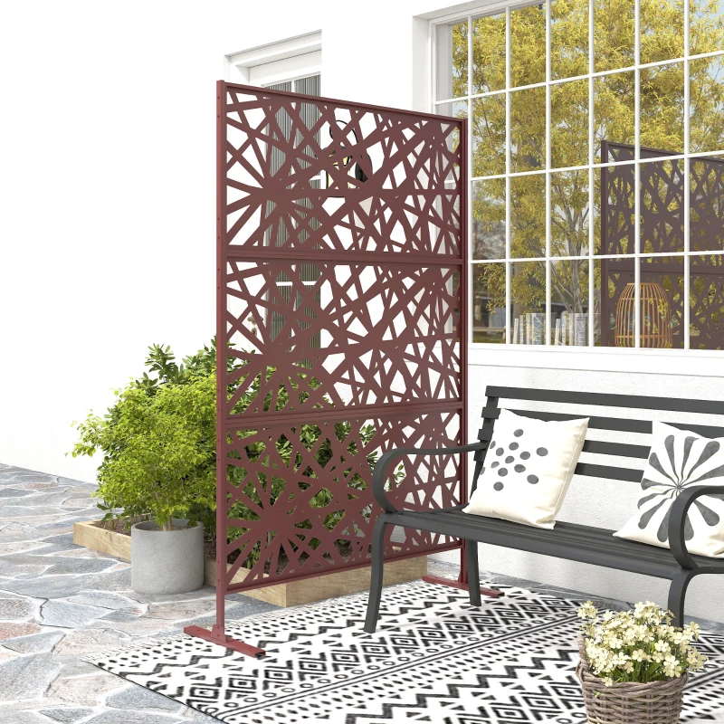 Outsunny Metal Outdoor Privacy Screen, Freestanding Outdoor Divider with Stand, 78" x 48", Dark Brown
