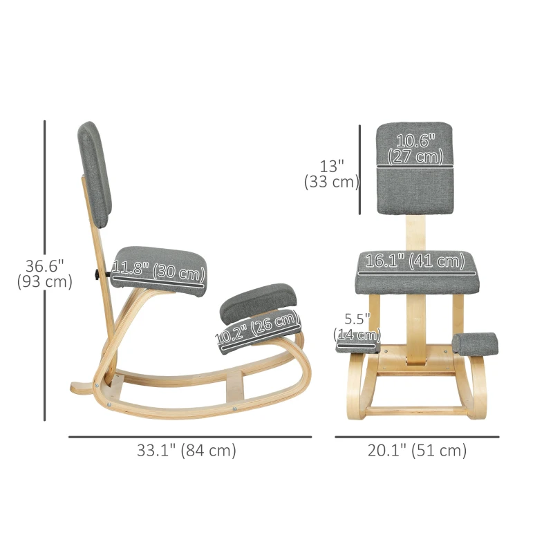 HOMCOM Ergonomic Kneeling Chair, Rocking Wood Kneel Stool with Backrest for Improve Posture, Back Pain, Grey