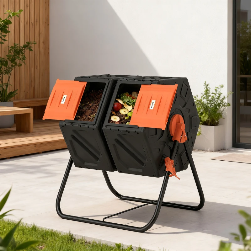 Outsunny Rotating Composter, Dual Chamber Compost Bin with 24 Vents and Steel Legs, 34.5 Gallon, Orange