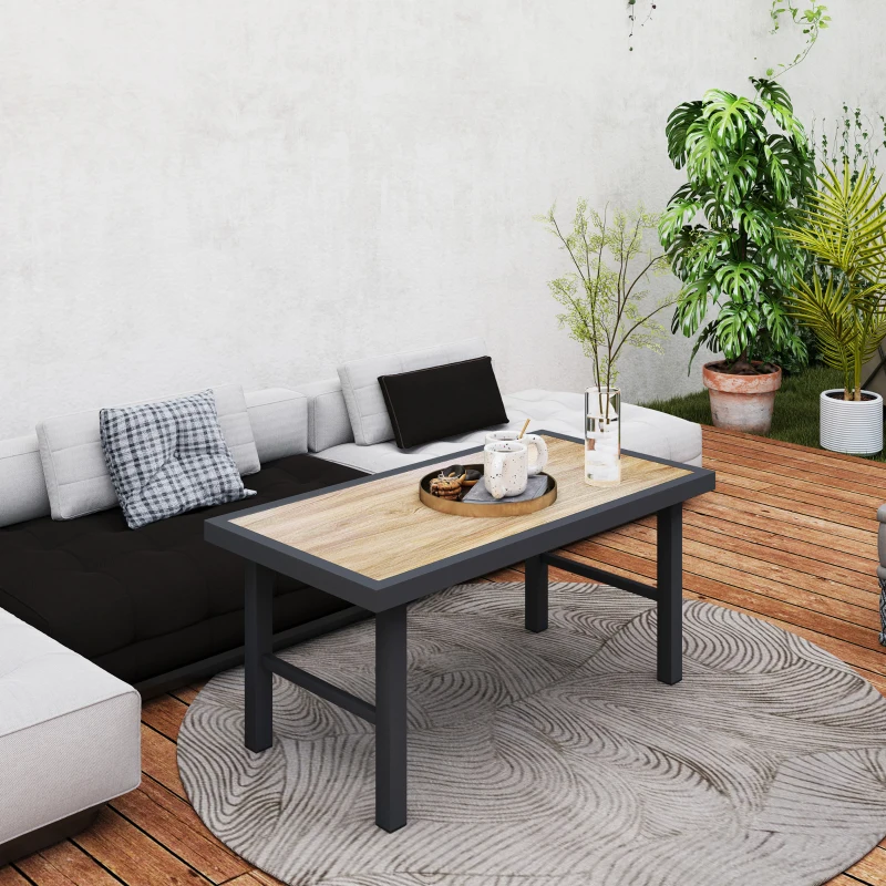 Outsunny Outdoor Side Table with SPC Woodgrain Tabletop, Metal Patio Coffee Table for Outside Garden, Brown