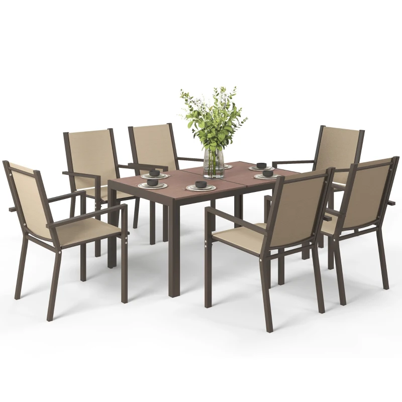 Outsunny 7 Piece Outdoor Dining Set with Rectangular Table and 6 Stackable Chairs, for Backyard, Lawn, Deck, Balcony, Pool Side