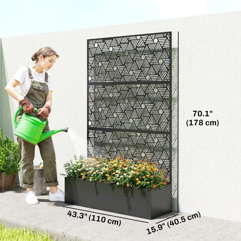 Outsunny Metal Planter Box with Trellis, 70" Tall Raised Garden Bed with Privacy Screen, Hexagon and Line Cut-Out
