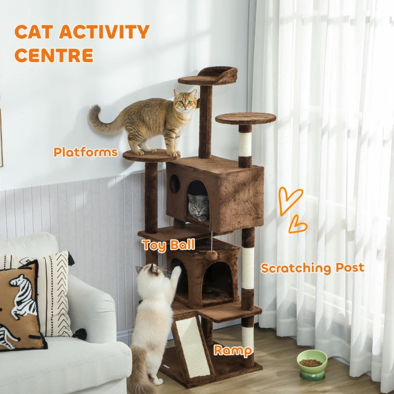 PawHut 63" Cat Tree, Multi-Level Cat Tower with Scratching Posts, Cat Condos, Bed, Platforms, Ramp, Toy Ball, Light Brown