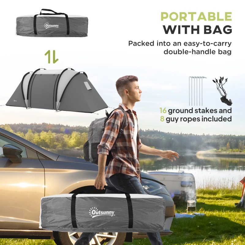 Outsunny Camping Tent with 2 Bedrooms and Living Area, 3000mm Waterproof Family Tent, for Fishing Hiking Festival, Grey