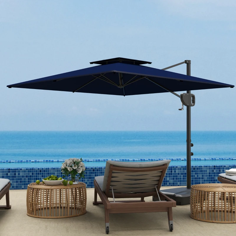 Outsunny Square Cantilever Patio Umbrella, Double Top Patio Hanging Offset Umbrella with Crank & Tilt, 8' x 9', Dark Blue