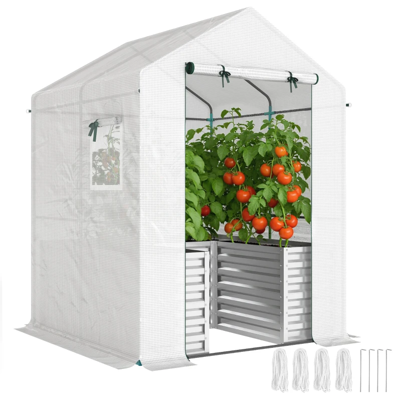 Outsunny Greenhouse with Raised Garden Bed, Galvanized Metal Planter Box with PE Cover, Roll Up Door, 56" x 56" x 75", White