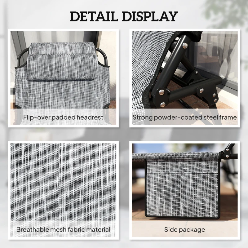 Outsunny 2-Piece Folding Lounge Chairs with Adjustable Backrest, Tanning Chair with Cushion, Side Pocket, Headrest, Black